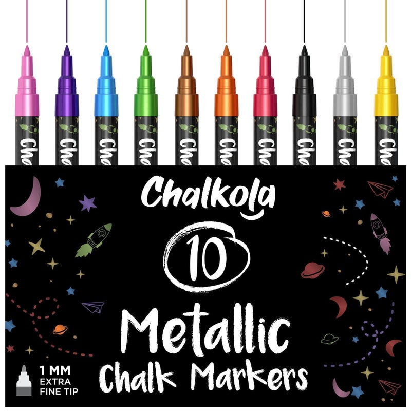 Chalkola Extra Fine Tip Metallic Chalk Markers (10 Pack, 1mm Point) - Liquid Chalk Pens for Chalkboard, Blackboard, Bistro Menu, Car Windows, Glass, Acrylic Board - Thin Erasable Wet Erase Paint Ink - Image 1